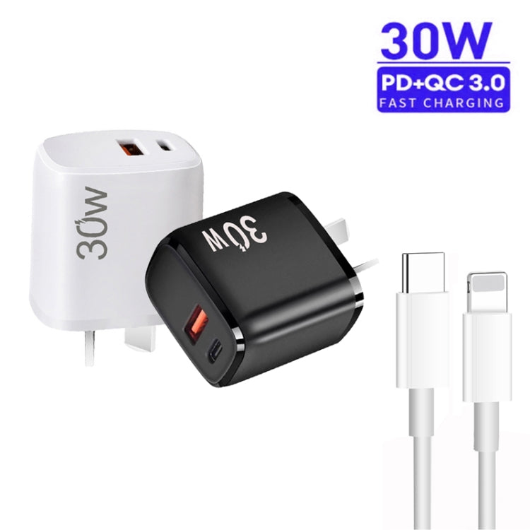 PD30W USB-C / Type-C + QC3.0 USB Charger with 1m Type-C to 8 Pin Data Cable, AU Plug(White) - USB Charger by buy2fix | Online Shopping UK | buy2fix