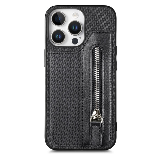 For iPhone 16 Pro Carbon Fiber Horizontal Flip Zipper Wallet Phone Case(Black) - iPhone 16 Pro Cases by buy2fix | Online Shopping UK | buy2fix