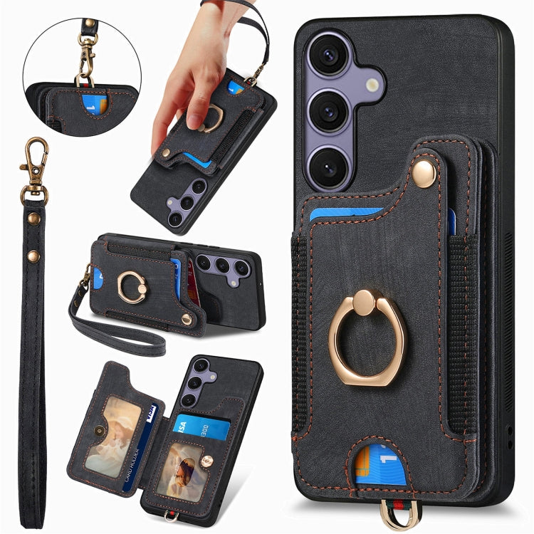 For Samsung Galaxy S25 5G Retro Skin-feel Ring Multi-card Wallet Phone Case(Black) - Galaxy S25 5G Cases by buy2fix | Online Shopping UK | buy2fix