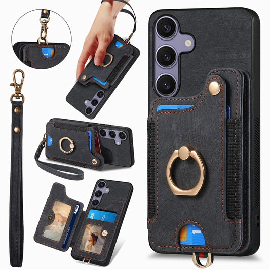 For Samsung Galaxy S25+ 5G Retro Skin-feel Ring Multi-card Wallet Phone Case(Black) - Galaxy S25+ 5G Cases by buy2fix | Online Shopping UK | buy2fix