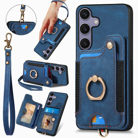 For Samsung Galaxy S25+ 5G Retro Skin-feel Ring Multi-card Wallet Phone Case(Blue) - Galaxy S25+ 5G Cases by buy2fix | Online Shopping UK | buy2fix