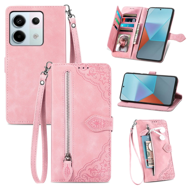 For Xiaomi Redmi Note 13 Pro 5G Embossed Flower Zipper Leather Phone Case(Pink) - Redmi K60 Ultra Cases by buy2fix | Online Shopping UK | buy2fix