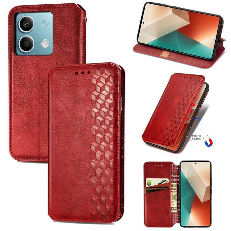 For Xiaomi Redmi Note 13 Cubic Grid Pressed Magnetic Leather Phone Case(Red) - Note 13 Cases by buy2fix | Online Shopping UK | buy2fix