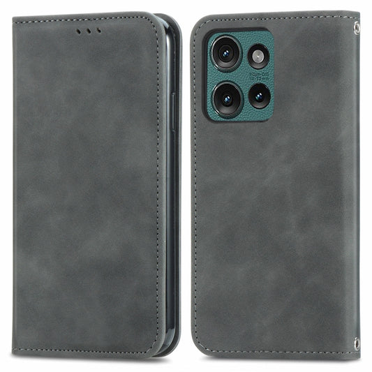 For Motorola Edge 2024 Retro Skin Feel Magnetic Flip Leather Phone Case(Grey) - Motorola Cases by buy2fix | Online Shopping UK | buy2fix