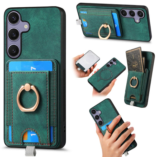 For Samsung Galaxy S25 5G Retro Splitable Magnetic Card Bag Leather Phone Case(Green) - Galaxy Phone Cases by buy2fix | Online Shopping UK | buy2fix