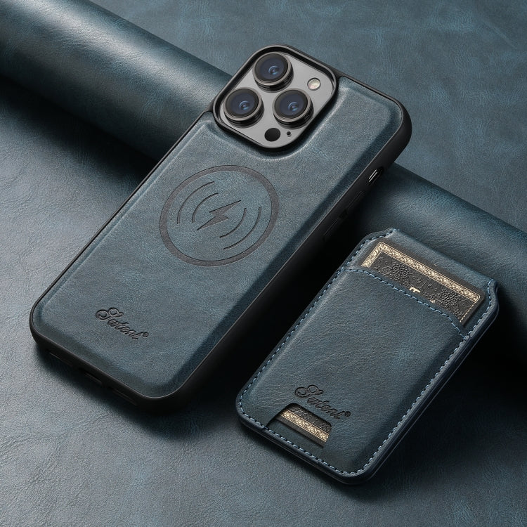 For iPhone 14 Pro Suteni H15 MagSafe Oil Eax Leather Detachable Wallet Back Phone Case(Blue) - iPhone 14 Pro Cases by Suteni | Online Shopping UK | buy2fix