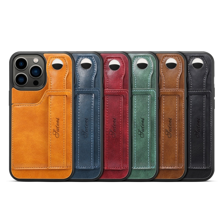 For iPhone 15 Pro Max SUTENI H12 Wrist Strap Leather Back Phone Case with Card Slot(Brown) - iPhone 15 Pro Max Cases by Suteni | Online Shopping UK | buy2fix