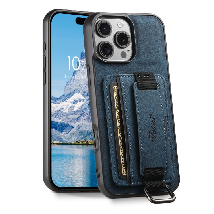 For iPhone 16 Pro Max Suteni H13 Litchi Leather Wrist Strap Wallet Back Phone Case(Blue) - iPhone 16 Pro Max Cases by Suteni | Online Shopping UK | buy2fix