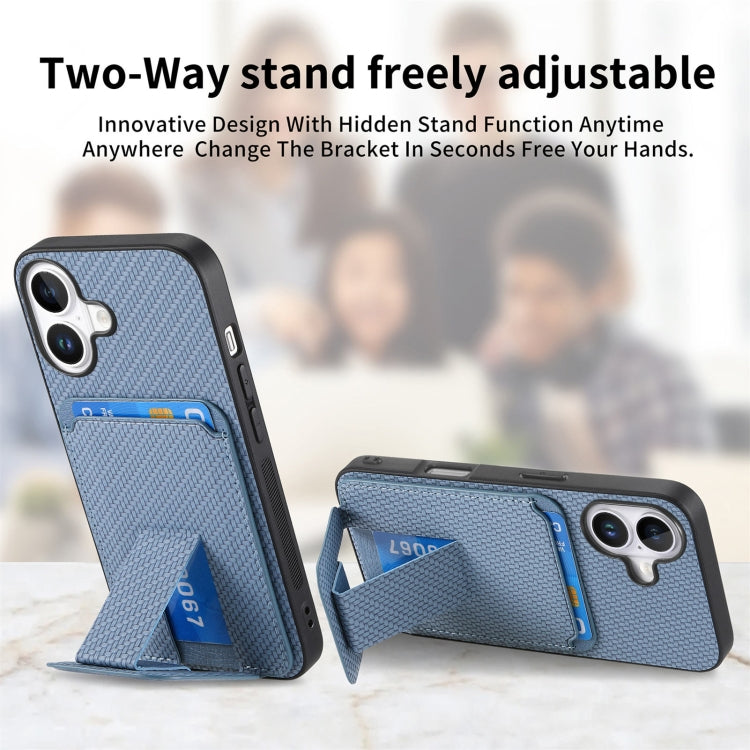 For iPhone 16 Carbon Fiber Card Bag Fold Stand Phone Case(Blue) - iPhone 16 Cases by buy2fix | Online Shopping UK | buy2fix