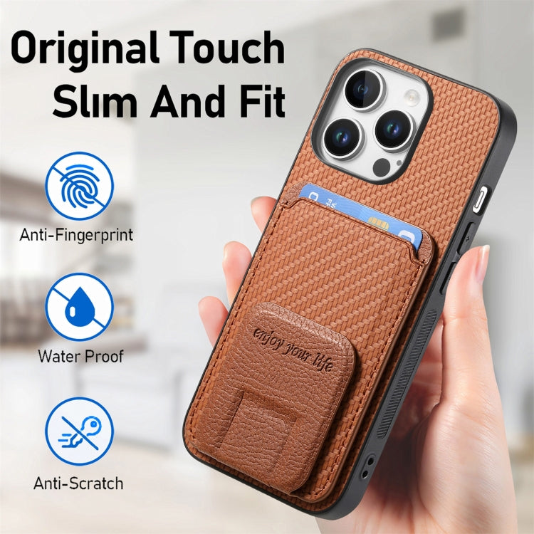 For iPhone 16 Pro Carbon Fiber Card Bag Fold Stand Phone Case(Brown) - iPhone 16 Pro Cases by buy2fix | Online Shopping UK | buy2fix