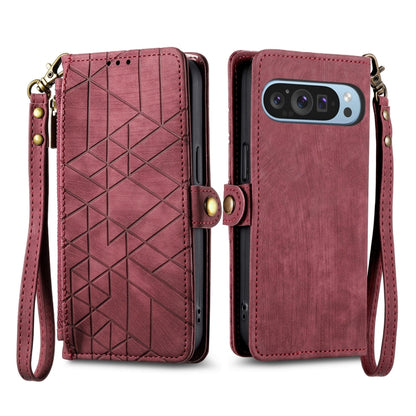 For Google Pixel 9 Geometric Zipper Wallet Side Buckle Leather Phone Case(Red) - Google Cases by buy2fix | Online Shopping UK | buy2fix