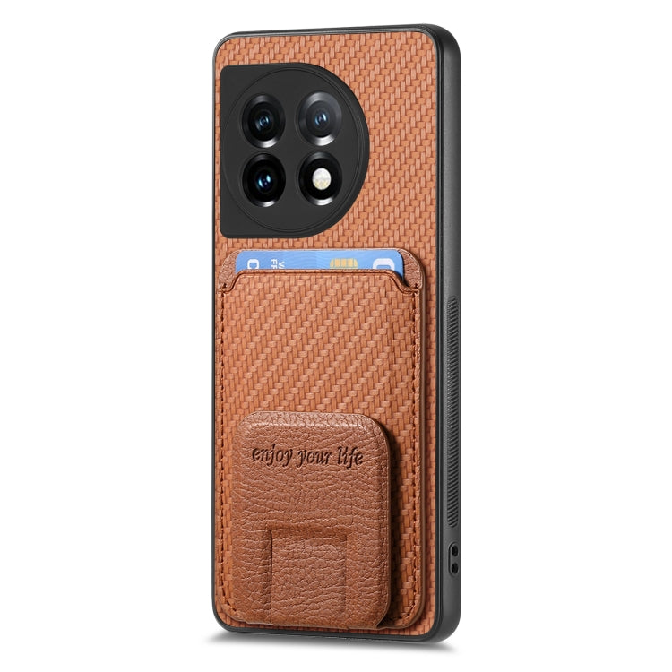 For OnePlus 11 Carbon Fiber Card Bag Fold Stand Phone Case(Brown) - OnePlus Cases by buy2fix | Online Shopping UK | buy2fix