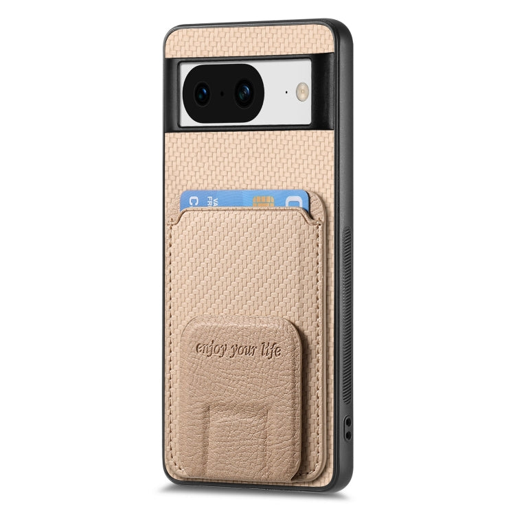 For Google Pixel 7 Carbon Fiber Card Bag Fold Stand Phone Case(Khaki) - Google Cases by buy2fix | Online Shopping UK | buy2fix