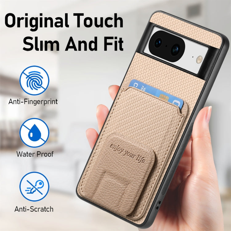 For Google Pixel 7 Carbon Fiber Card Bag Fold Stand Phone Case(Khaki) - Google Cases by buy2fix | Online Shopping UK | buy2fix