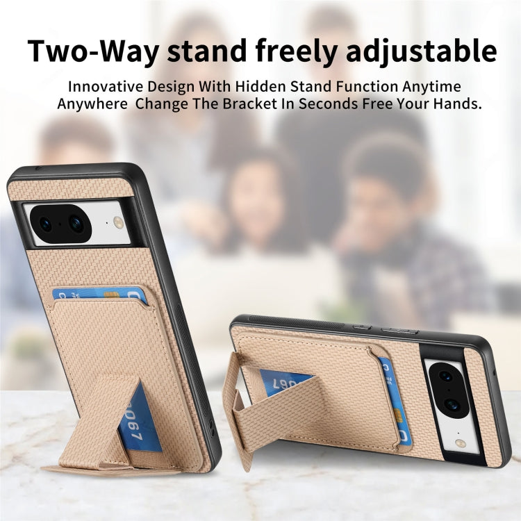 For Google Pixel 7 Carbon Fiber Card Bag Fold Stand Phone Case(Khaki) - Google Cases by buy2fix | Online Shopping UK | buy2fix