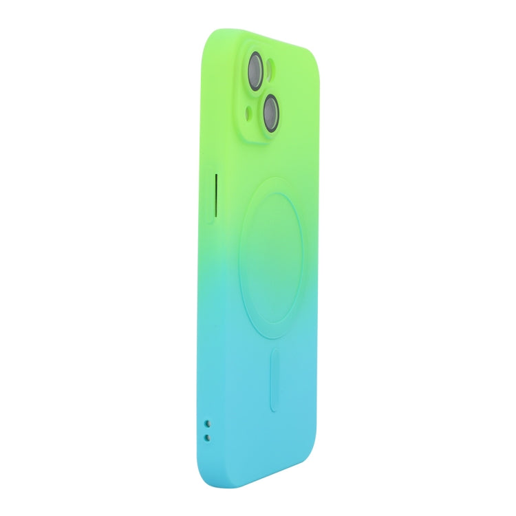 For iPhone 14 Plus ENKAY Hat-Prince MagSafe Rainbow Gradient Silicone Phone Case with Lens Film(Green Blue) - iPhone 14 Plus Cases by ENKAY | Online Shopping UK | buy2fix