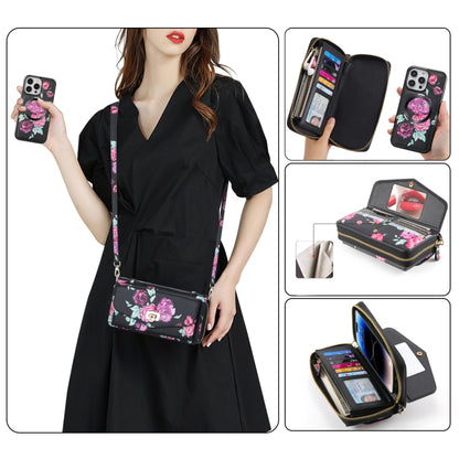 For iPhone 14 Pro Max MagSafe Flower Multi-functional Crossbody Zipper Wallet Leather Phone Case(Black) - iPhone 14 Pro Max Cases by buy2fix | Online Shopping UK | buy2fix