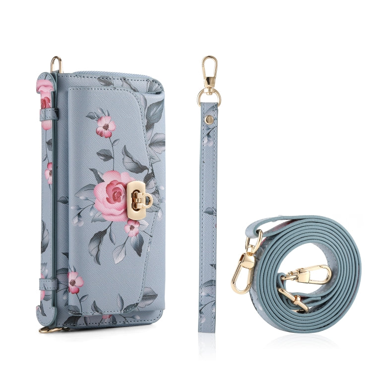 For iPhone 13 Pro Max MagSafe Flower Multi-functional Crossbody Zipper Wallet Leather Phone Case(Blue) - iPhone 13 Pro Max Cases by buy2fix | Online Shopping UK | buy2fix