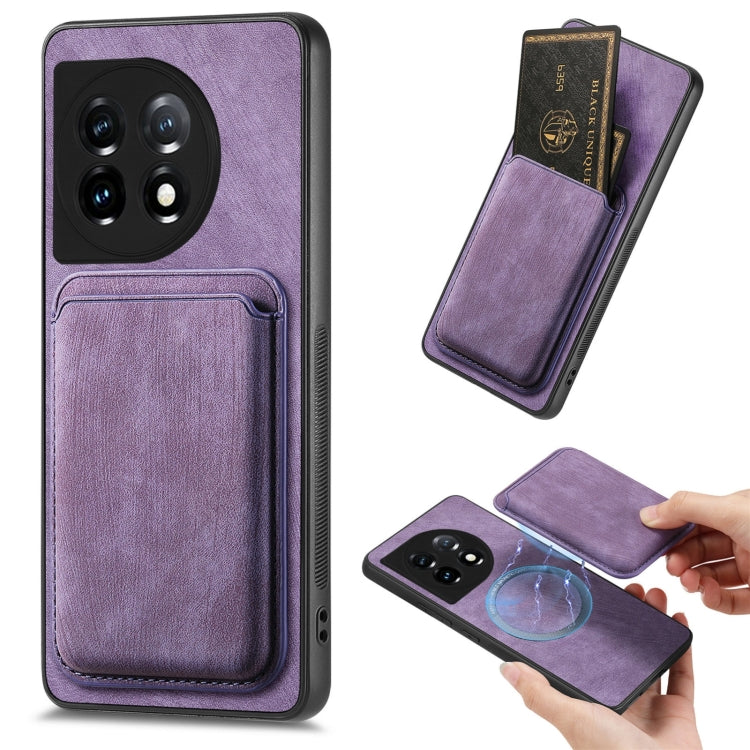 For OnePlus 11 Retro Leather Card Bag Magnetic Phone Case(Purple) - OnePlus Cases by buy2fix | Online Shopping UK | buy2fix