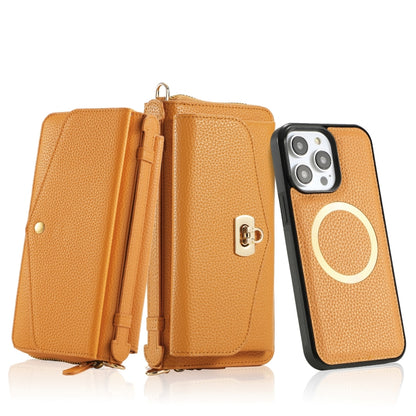 For iPhone 14 MagSafe Crossbody Multi-functional Zipper Wallet Litchi Leather Phone Case(Orange) - iPhone 14 Cases by buy2fix | Online Shopping UK | buy2fix