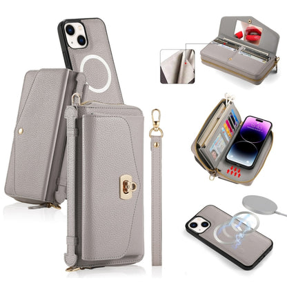 For iPhone 14 MagSafe Crossbody Multi-functional Zipper Wallet Litchi Leather Phone Case(Grey) - iPhone 14 Cases by buy2fix | Online Shopping UK | buy2fix