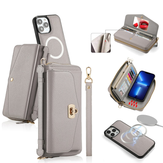 For iPhone 13 Pro Max MagSafe Crossbody Multi-functional Zipper Wallet Litchi Leather Phone Case(Grey) - More iPhone Cases by buy2fix | Online Shopping UK | buy2fix