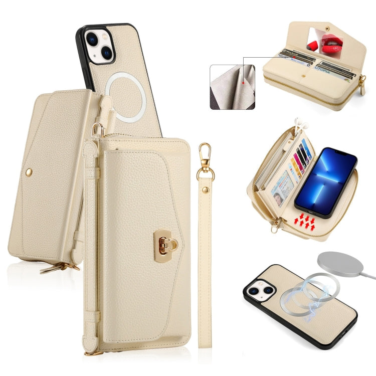 For iPhone 13 MagSafe Crossbody Multi-functional Zipper Wallet Litchi Leather Phone Case(White) - iPhone 13 Cases by buy2fix | Online Shopping UK | buy2fix