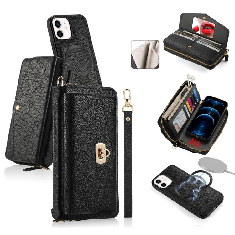 For iPhone 12 MagSafe Crossbody Multi-functional Zipper Wallet Litchi Leather Phone Case(Black) - iPhone 12 / 12 Pro Cases by buy2fix | Online Shopping UK | buy2fix