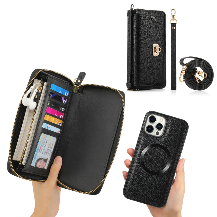 For iPhone 12 MagSafe Crossbody Multi-functional Zipper Wallet Litchi Leather Phone Case(Black) - iPhone 12 / 12 Pro Cases by buy2fix | Online Shopping UK | buy2fix