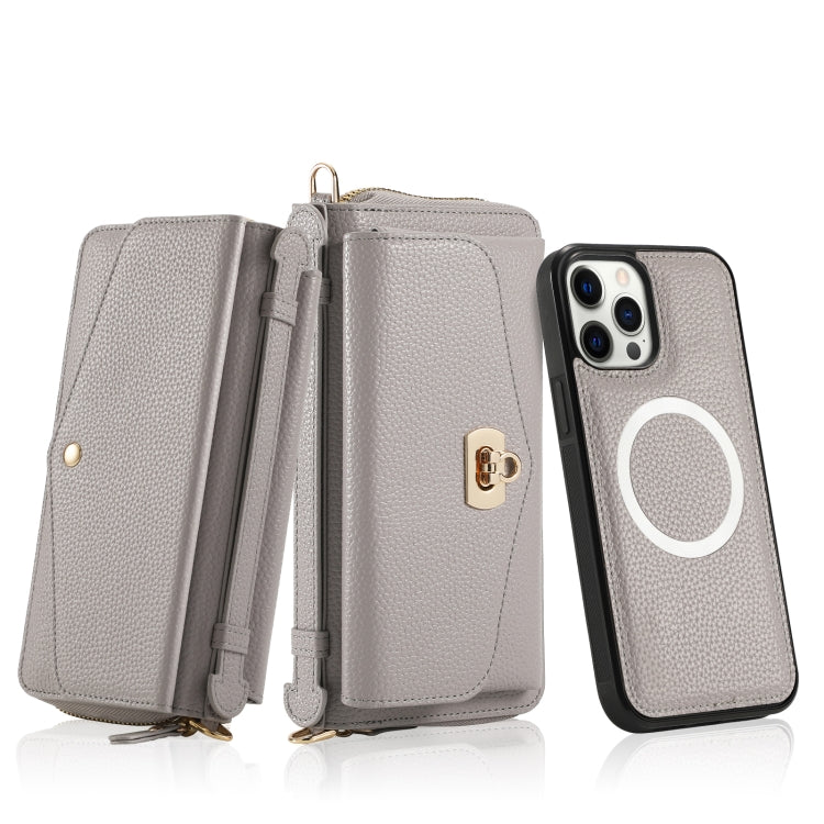 For iPhone 12 Pro MagSafe Crossbody Multi-functional Zipper Wallet Litchi Leather Phone Case(Grey) - iPhone 12 / 12 Pro Cases by buy2fix | Online Shopping UK | buy2fix