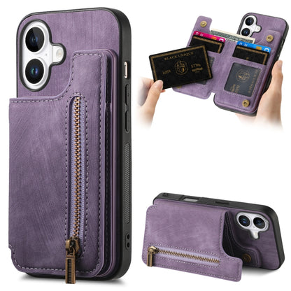 For iPhone 16 Retro Leather Zipper Wallet Back Phone Case(Purple) - More iPhone Cases by buy2fix | Online Shopping UK | buy2fix