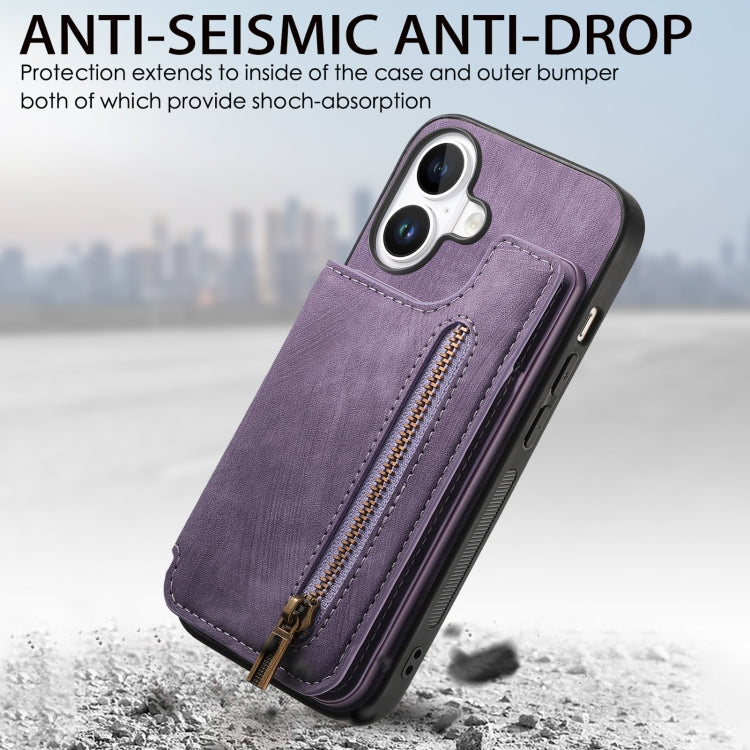 For iPhone 16 Plus Retro Leather Zipper Wallet Back Phone Case(Purple) - More iPhone Cases by buy2fix | Online Shopping UK | buy2fix