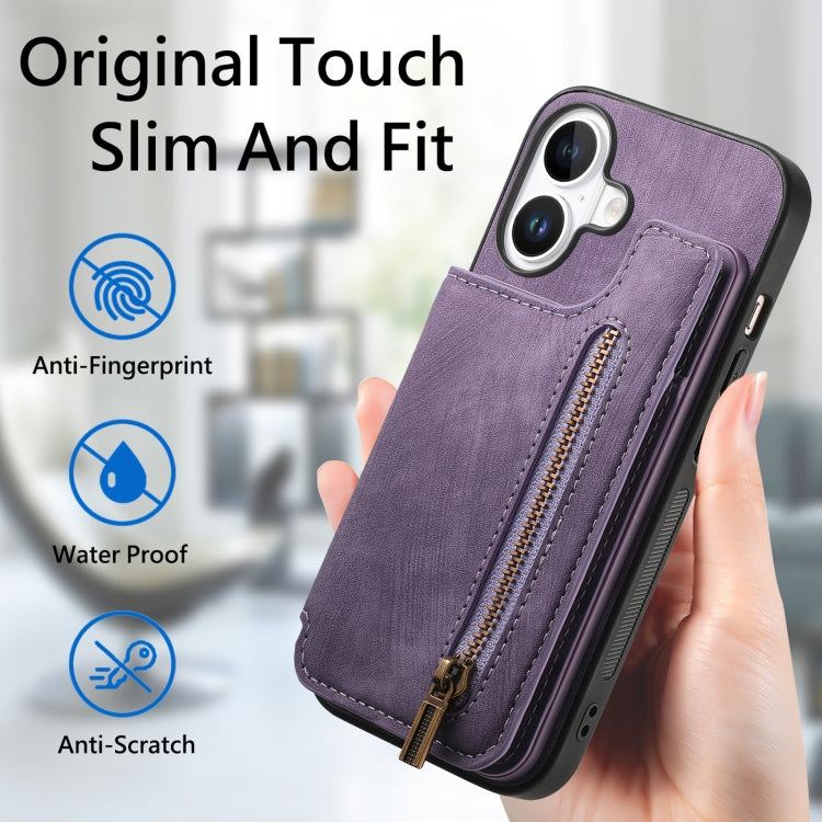 For iPhone 16 Plus Retro Leather Zipper Wallet Back Phone Case(Purple) - More iPhone Cases by buy2fix | Online Shopping UK | buy2fix