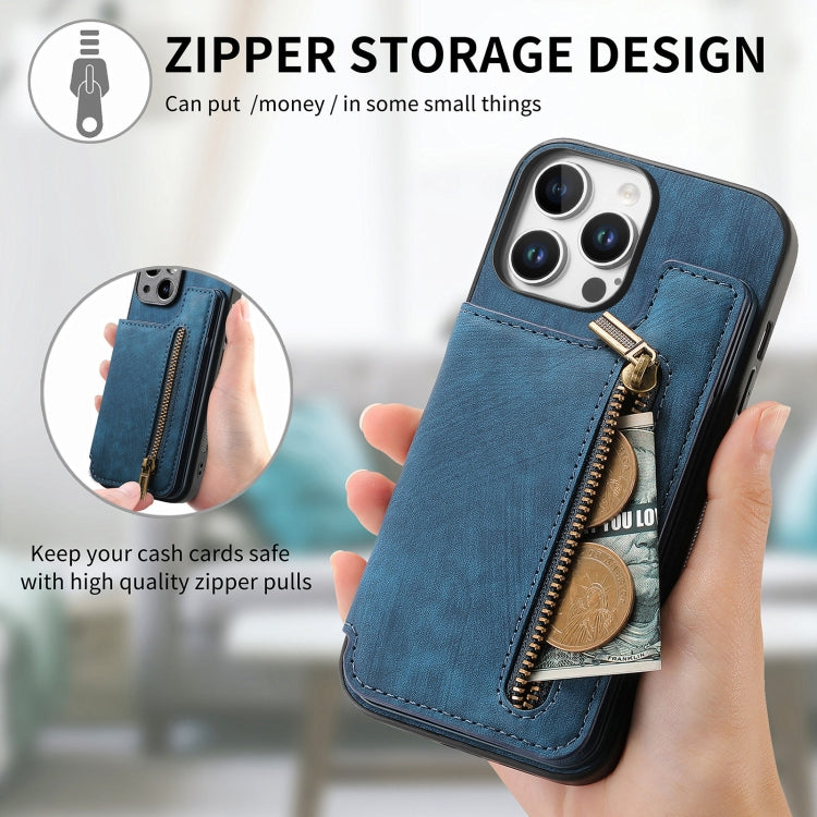 For iPhone 16 Pro Retro Leather Zipper Wallet Back Phone Case(Blue) - More iPhone Cases by buy2fix | Online Shopping UK | buy2fix