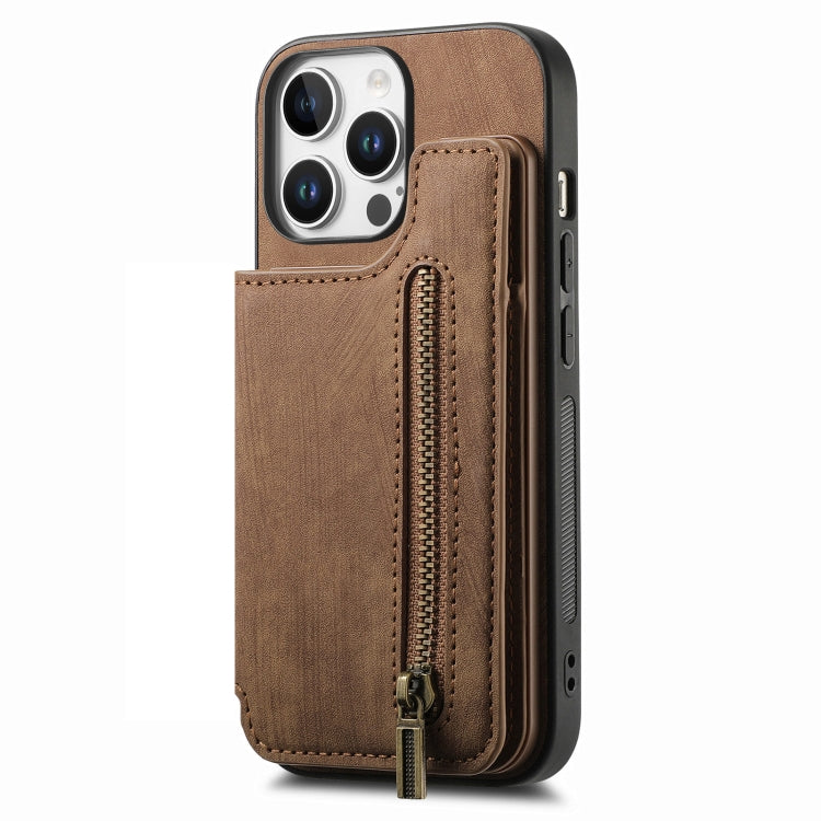 For iPhone 16 Pro Max Retro Leather Zipper Wallet Back Phone Case(Brown) - More iPhone Cases by buy2fix | Online Shopping UK | buy2fix