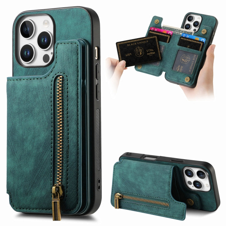 For iPhone 16 Pro Max Retro Leather Zipper Wallet Back Phone Case(Green) - More iPhone Cases by buy2fix | Online Shopping UK | buy2fix