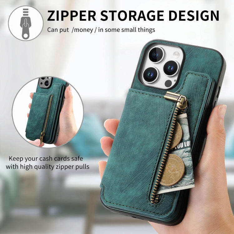 For iPhone 16 Pro Max Retro Leather Zipper Wallet Back Phone Case(Green) - More iPhone Cases by buy2fix | Online Shopping UK | buy2fix