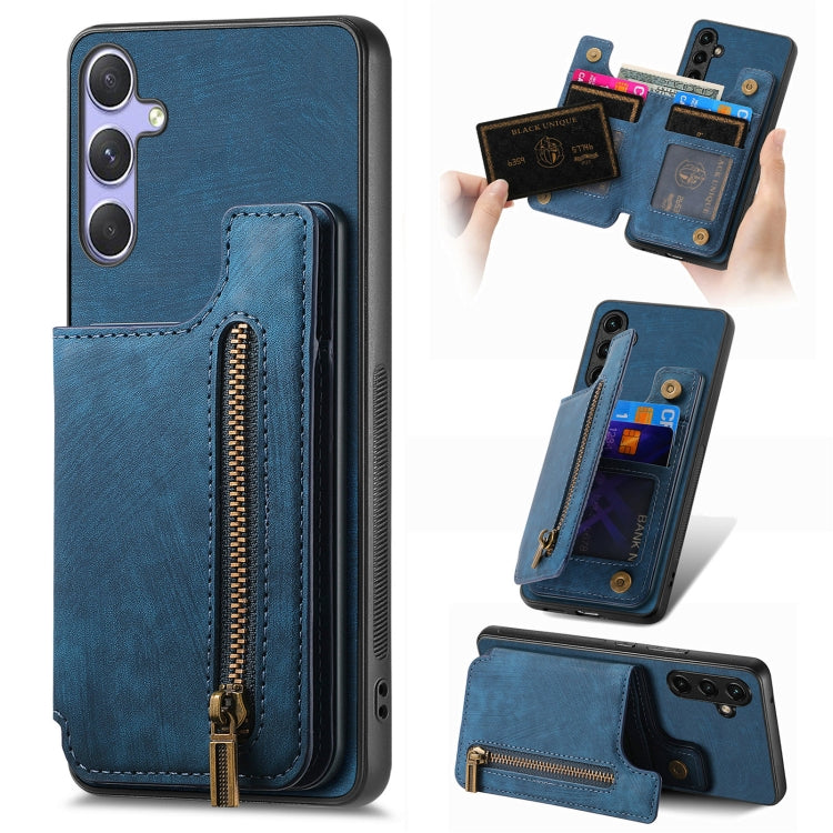 For Samsung Galaxy S25+ 5G Retro Leather Zipper Wallet Back Phone Case(Blue) - Galaxy S25+ 5G Cases by buy2fix | Online Shopping UK | buy2fix