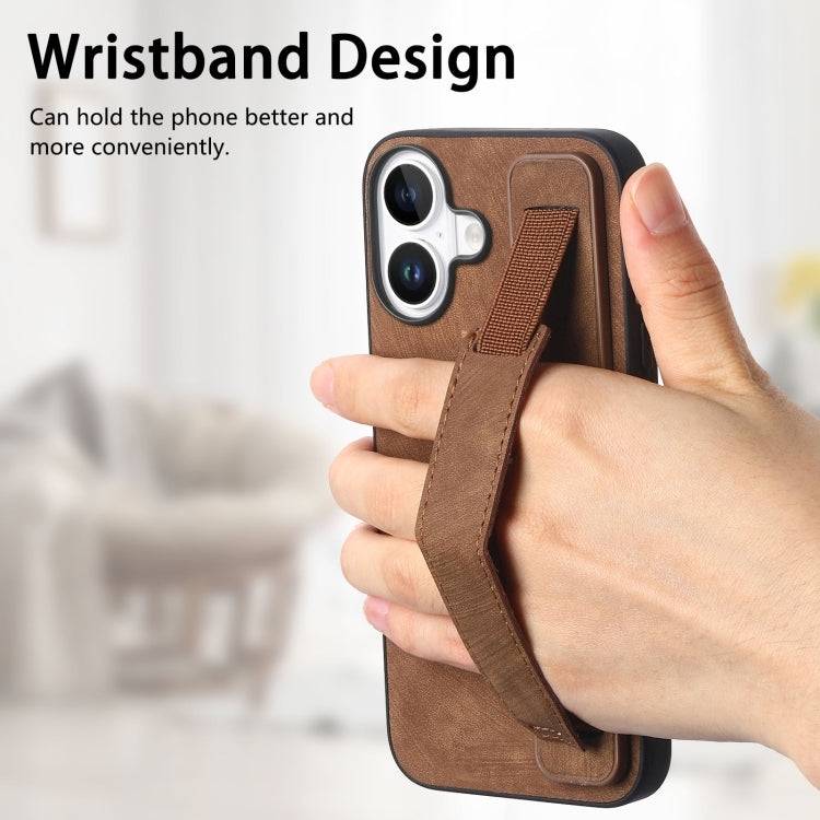 For iPhone 16 Plus Retro Wristband Holder Leather Back Phone Case(Brown) - iPhone 16 Plus Cases by buy2fix | Online Shopping UK | buy2fix