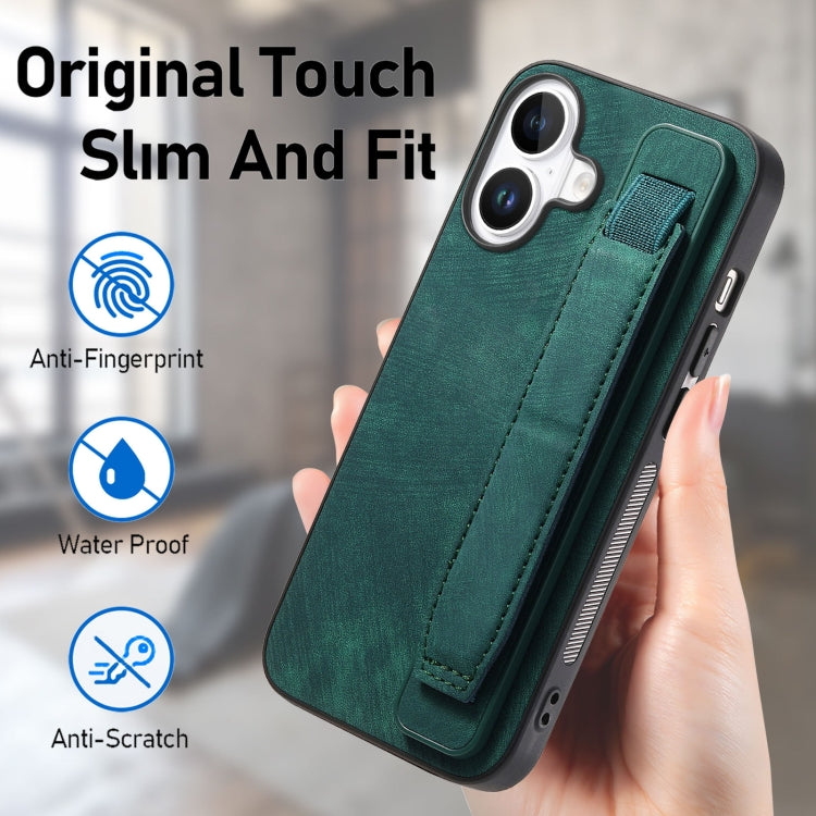 For iPhone 16 Retro Wristband Holder Leather Back Phone Case(Green) - iPhone 16 Cases by buy2fix | Online Shopping UK | buy2fix