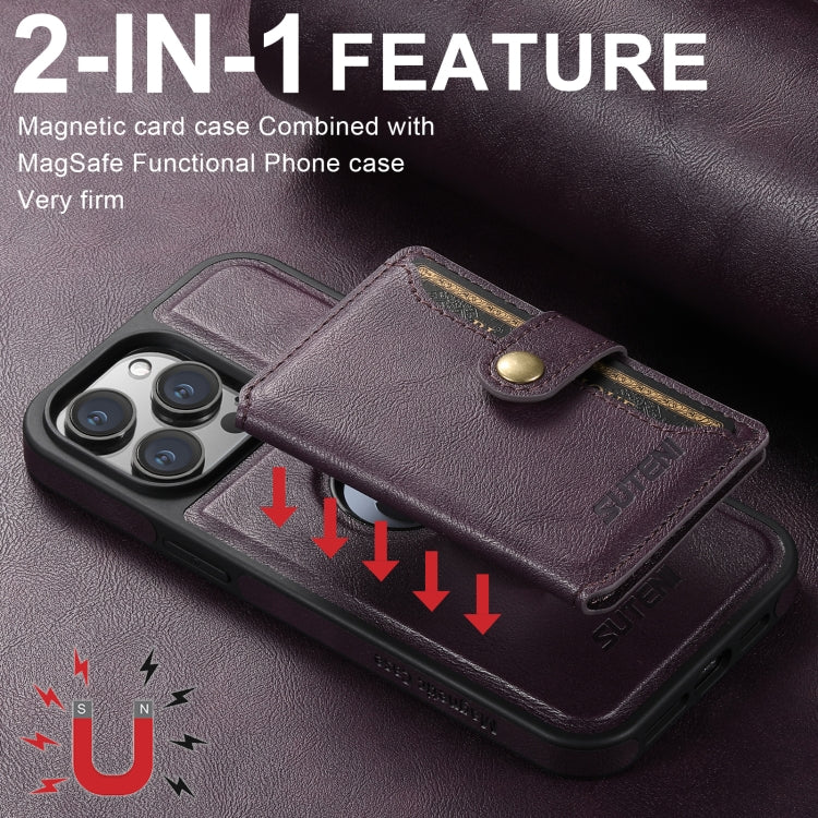 For iPhone 16 Suteni M1 Oil Wax MagSafe Detachable Horizontal Card Bag Phone Case(Purple) - iPhone 16 Cases by Suteni | Online Shopping UK | buy2fix