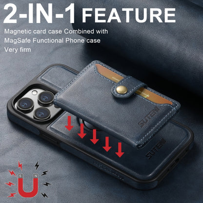 For iPhone 16 Plus Suteni M1 Oil Wax MagSafe Detachable Horizontal Card Bag Phone Case(Blue) - iPhone 16 Plus Cases by Suteni | Online Shopping UK | buy2fix