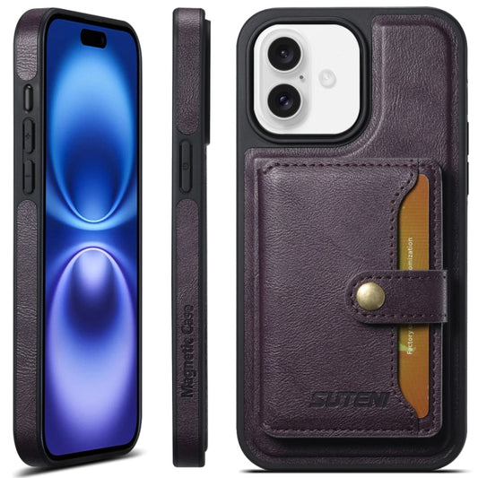 For iPhone 16 Plus Suteni M1 Oil Wax MagSafe Detachable Horizontal Card Bag Phone Case(Purple) - iPhone 16 Plus Cases by Suteni | Online Shopping UK | buy2fix