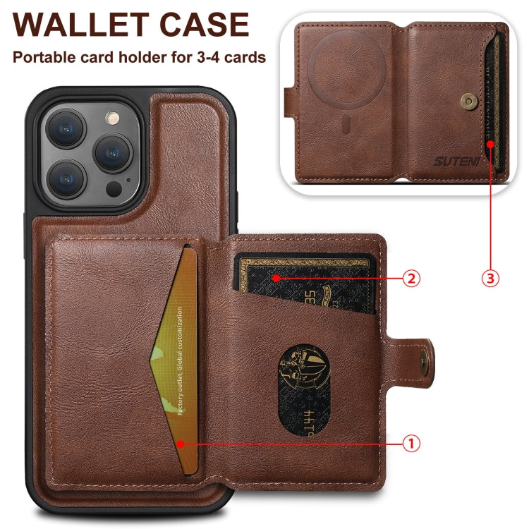 For iPhone 15 Pro Suteni M1 Oil Wax MagSafe Detachable Horizontal Card Bag Phone Case(Brown) - iPhone 15 Pro Cases by Suteni | Online Shopping UK | buy2fix