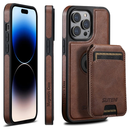 For iPhone 14 Pro Suteni M2 Oil Wax MagSafe Horizontal Card Bag Phone Case(Brown) - iPhone 14 Pro Cases by Suteni | Online Shopping UK | buy2fix