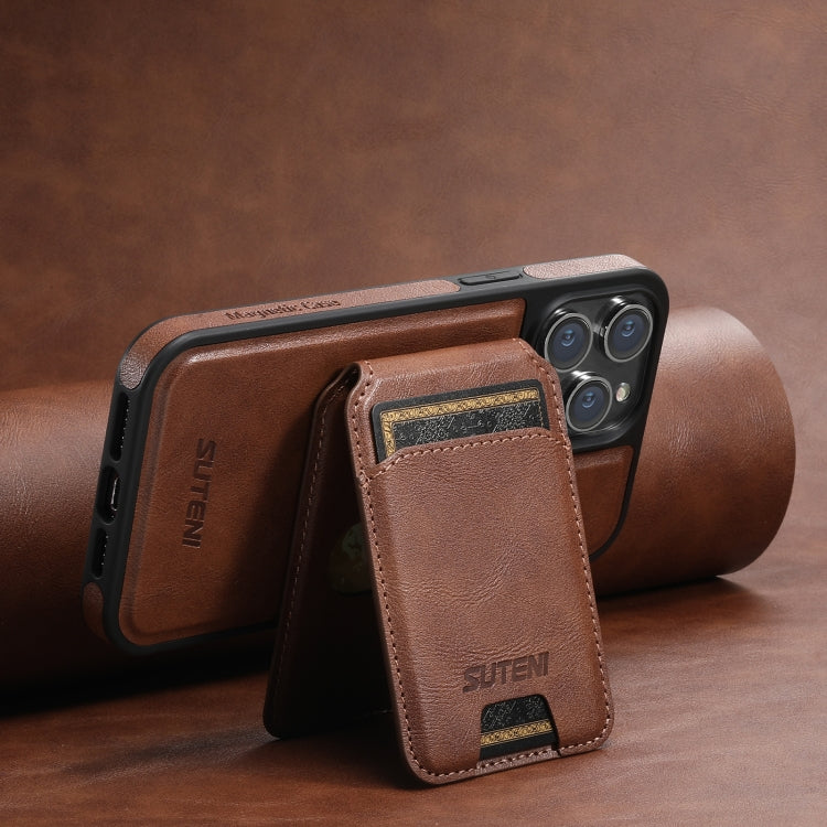 For iPhone 14 Pro Suteni M2 Oil Wax MagSafe Horizontal Card Bag Phone Case(Brown) - iPhone 14 Pro Cases by Suteni | Online Shopping UK | buy2fix