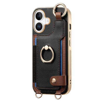 For iPhone 16 Fashion Ring Card Bag Phone Case with Hang Loop(Black) - iPhone 16 Cases by buy2fix | Online Shopping UK | buy2fix