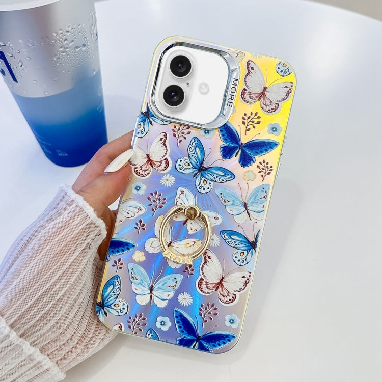 For iPhone 16 Plus Electroplating Laser Butterfly Ring Holder Phone Case(Blue Butterflies AB4) - iPhone 16 Plus Cases by buy2fix | Online Shopping UK | buy2fix