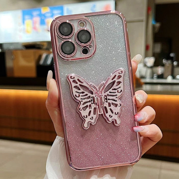 For iPhone 16 Electroplated Gradient Glitter 3D Butterfly TPU Phone Case(Gradient Pink) - iPhone 16 Cases by buy2fix | Online Shopping UK | buy2fix