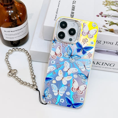 For iPhone 16 Pro Electroplating Laser Butterfly Phone Case with Wrist Strap(Blue Butterflies AB4) - iPhone 16 Pro Cases by buy2fix | Online Shopping UK | buy2fix